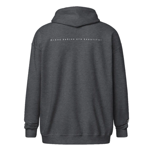 Dark hoodie with 'mixed babies are beautiful' text on a dark background w/ Rooster Dragon