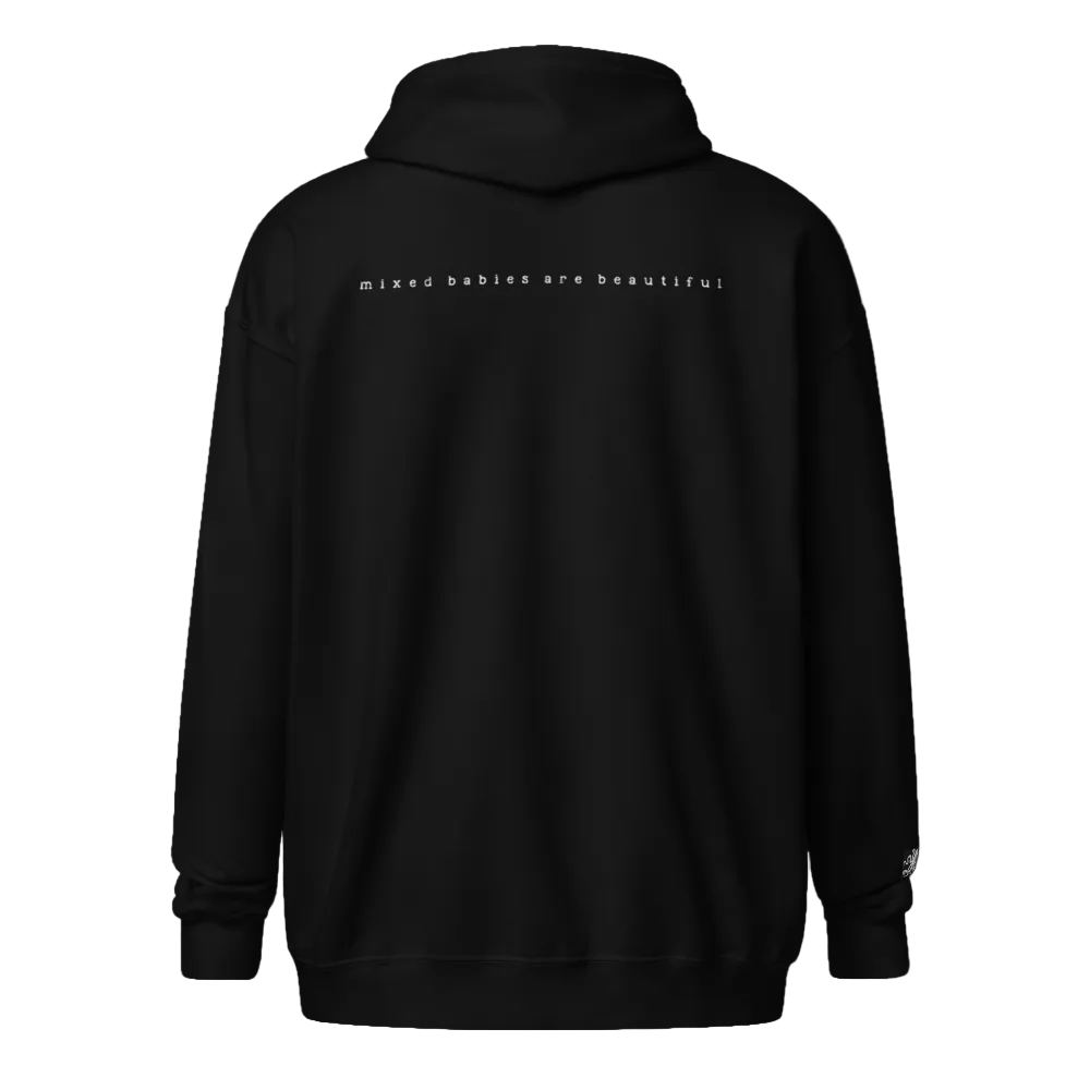 Dark hoodie with 'mixed babies are beautiful' text on a dark background w/ Rooster Dragon