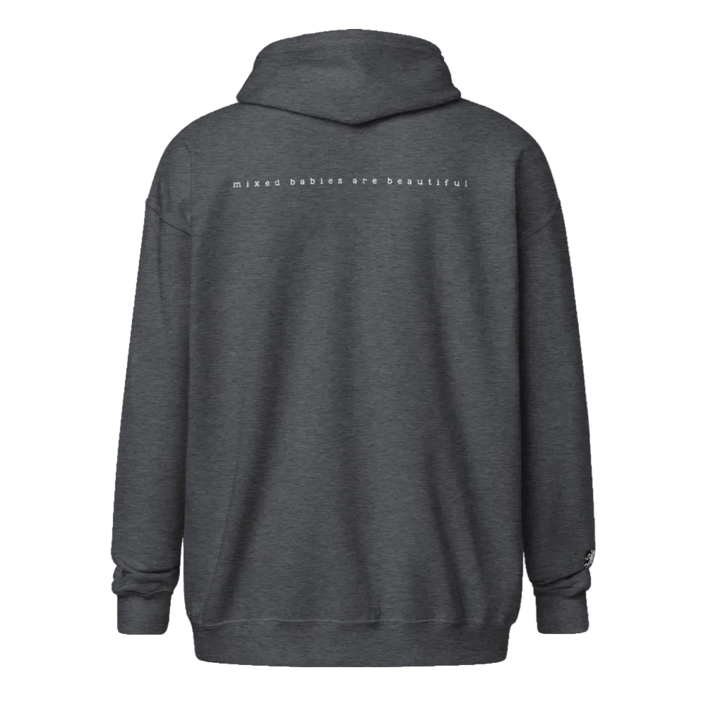 Dark hoodie with 'mixed babies are beautiful' text on a dark background w/ Rooster Dragon