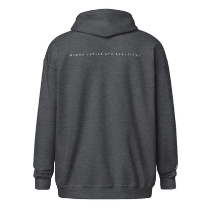 Dark hoodie with 'mixed babies are beautiful' text on a dark background w/ Rooster Dragon