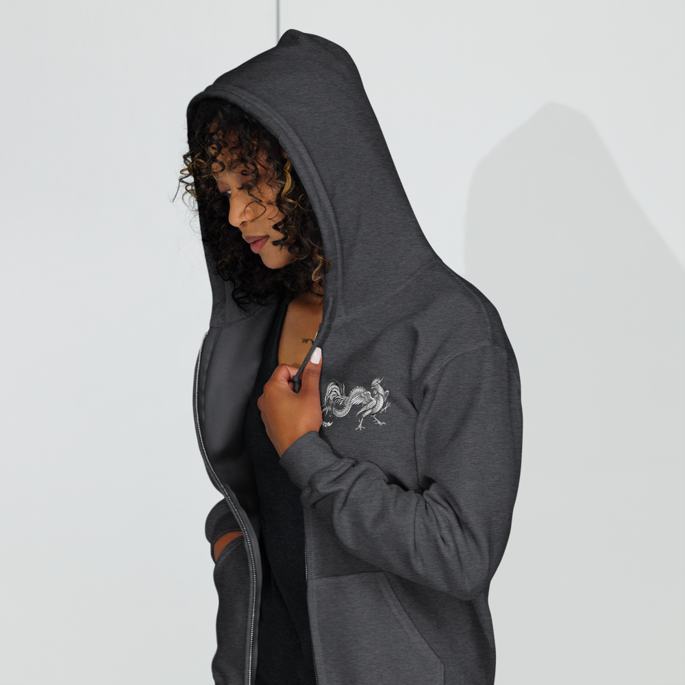 Dark hoodie with 'mixed babies are beautiful' text on a dark background w/ Rooster Dragon